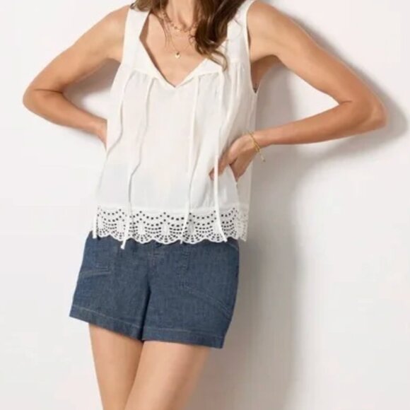 EVEREVE Joelle Stretch Linen Shorts in Stargazer Dark Denim Preppy Casual Comfy - Picture 1 of 14